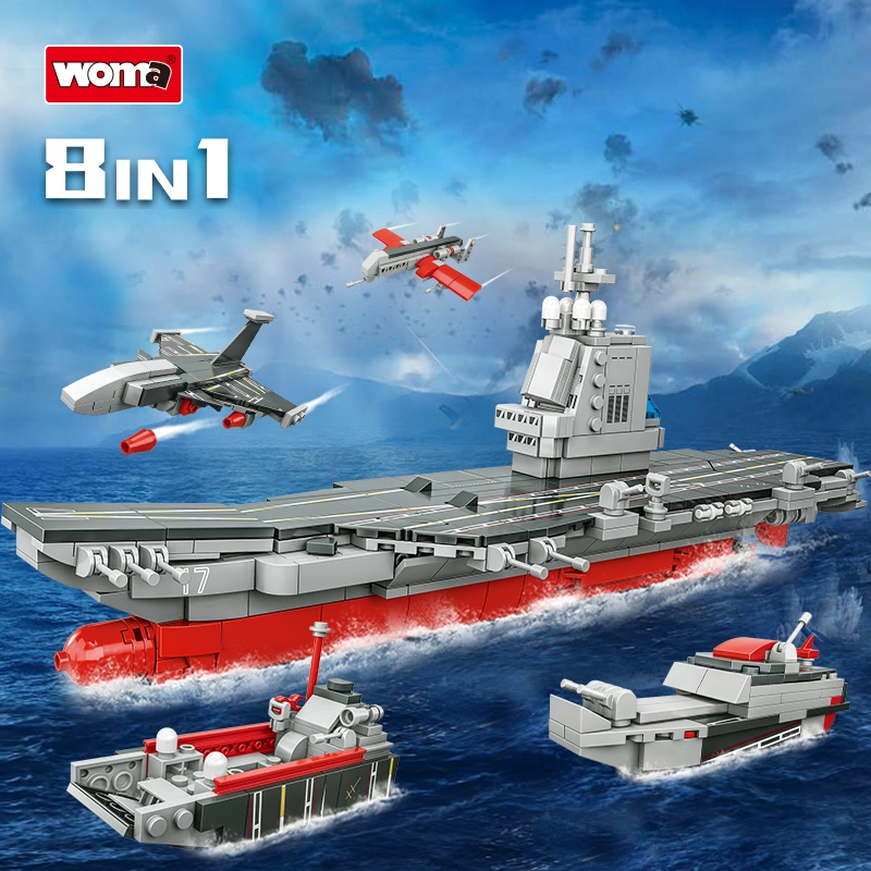 Woma Toys C0841 Student 8 in 1 Aircraft Carrier Kids Car Child Plane Educational Children Ship Bricks Building Blocks Toy Moc Game