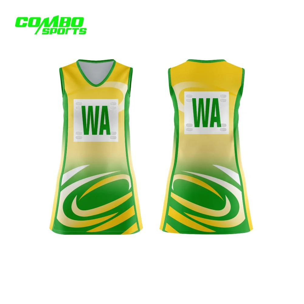 Benutzerdefinierte Polyester Digital Printing Netball Bodysuit Kleider Uniformen Netball Rock A Line Dress Sportswear