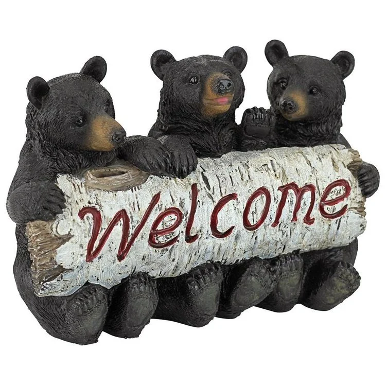 Resin Cute Black Bear Cubs Welcome Sign Statue