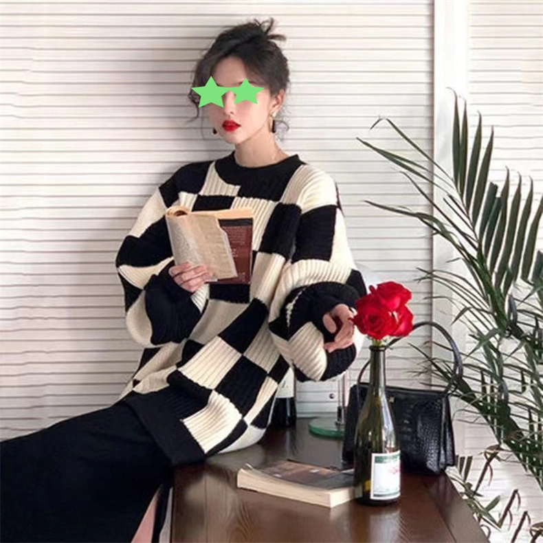Checkerboard Sweater Female Autumn and Winter Design Sense New Top Retro Show Thin Lazy Wind Pullover Sweater