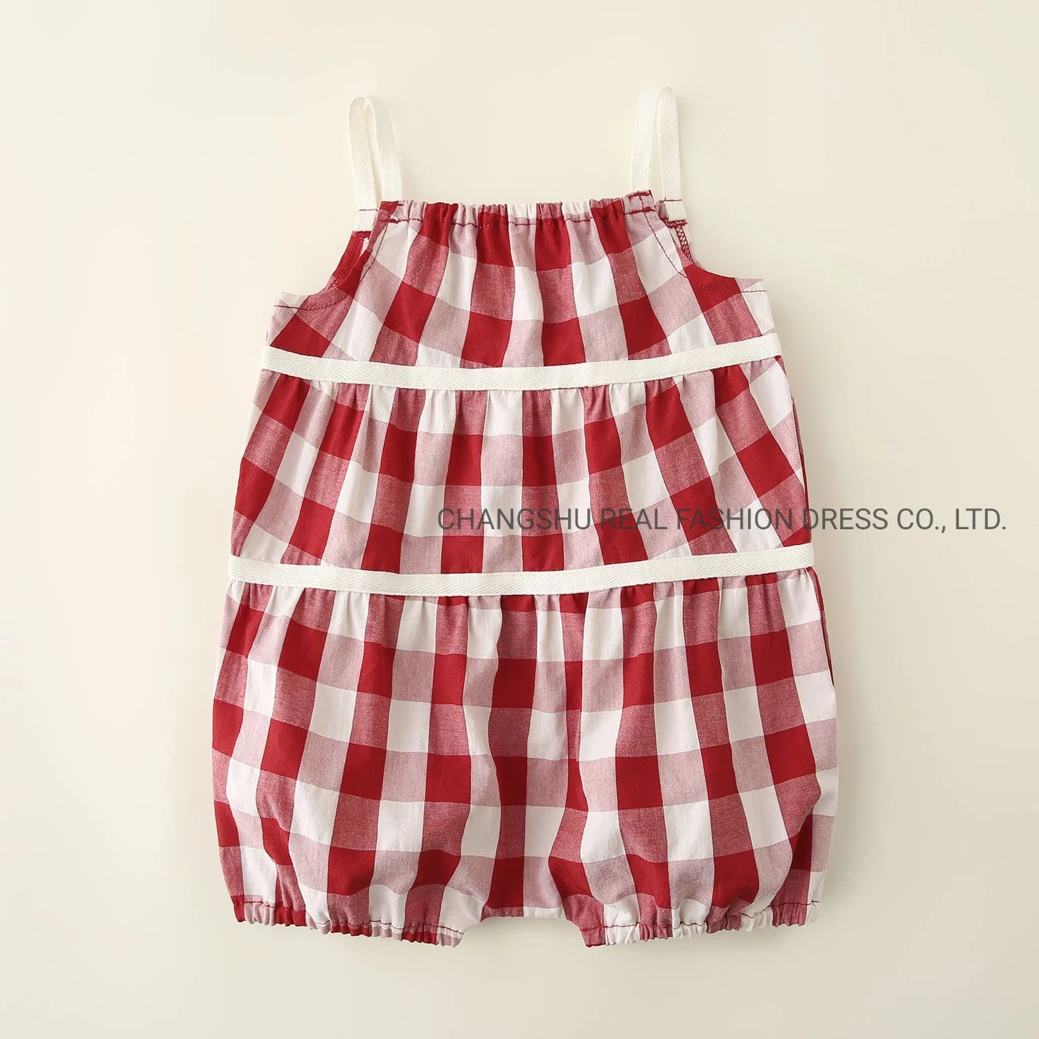 Infant Clothes Girls Baby Woven Plaid Suspender Short with Decorative Tape