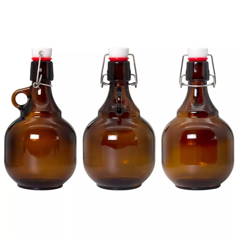 Amber Brown Glass Beer Bottles 1L 2L 32oz 64oz Growler Water Jug with Small Handle and Swing Top