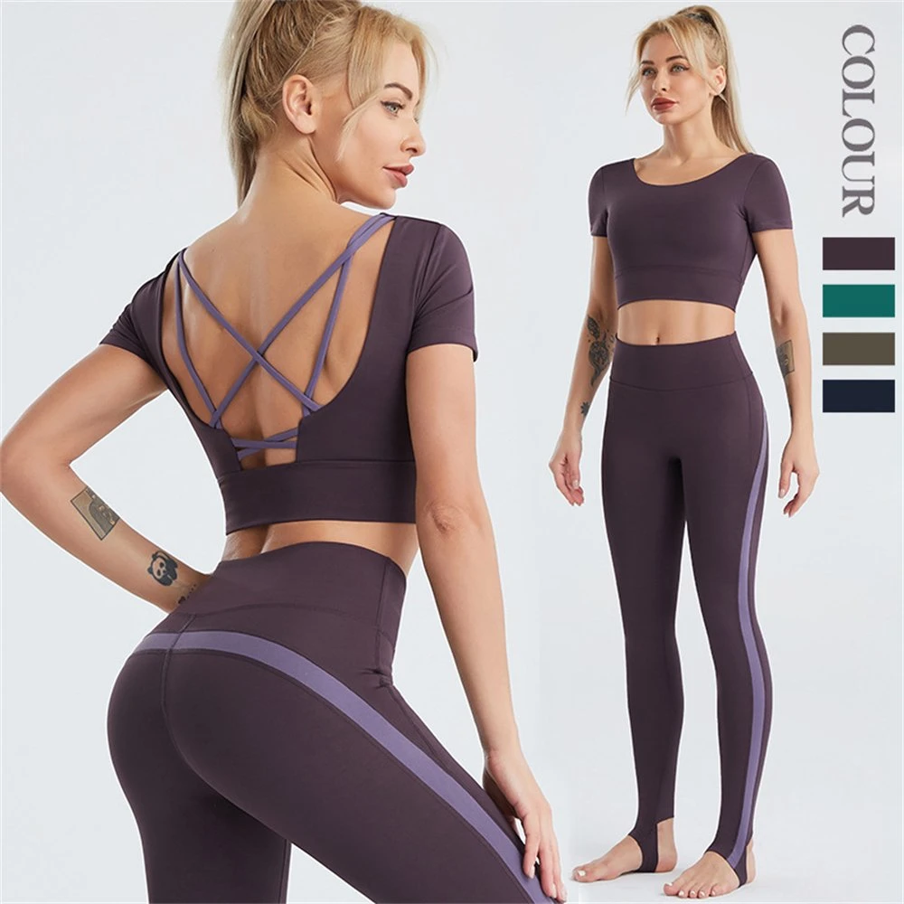 Customized Fitness Lulu Short Sleeve Yoga Top Step on Tights Seamless Sports Gym Wear Tracksuit