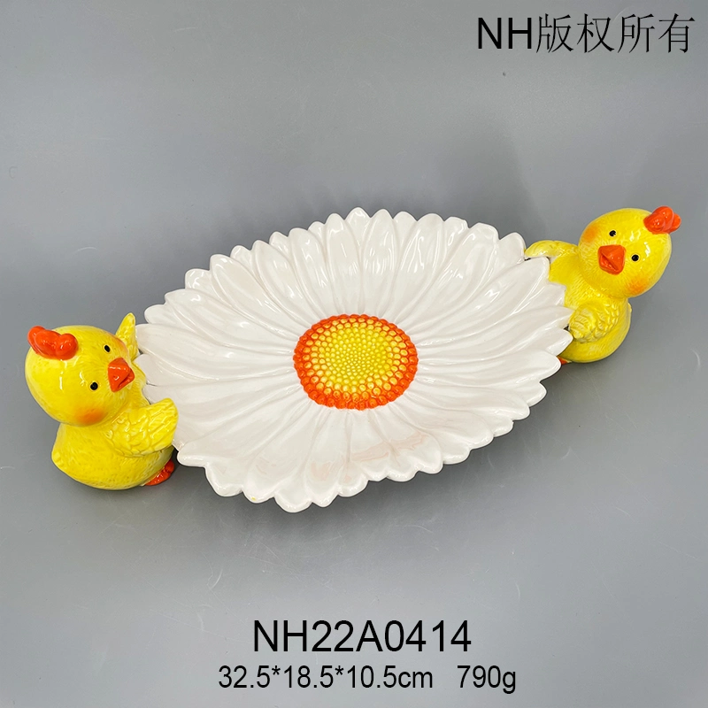 Ceramic Lovely Two Chickens Lie on Daisy Flower Pearl Color Plate Interesting Funny Dinner Plate for Children Home Hotel