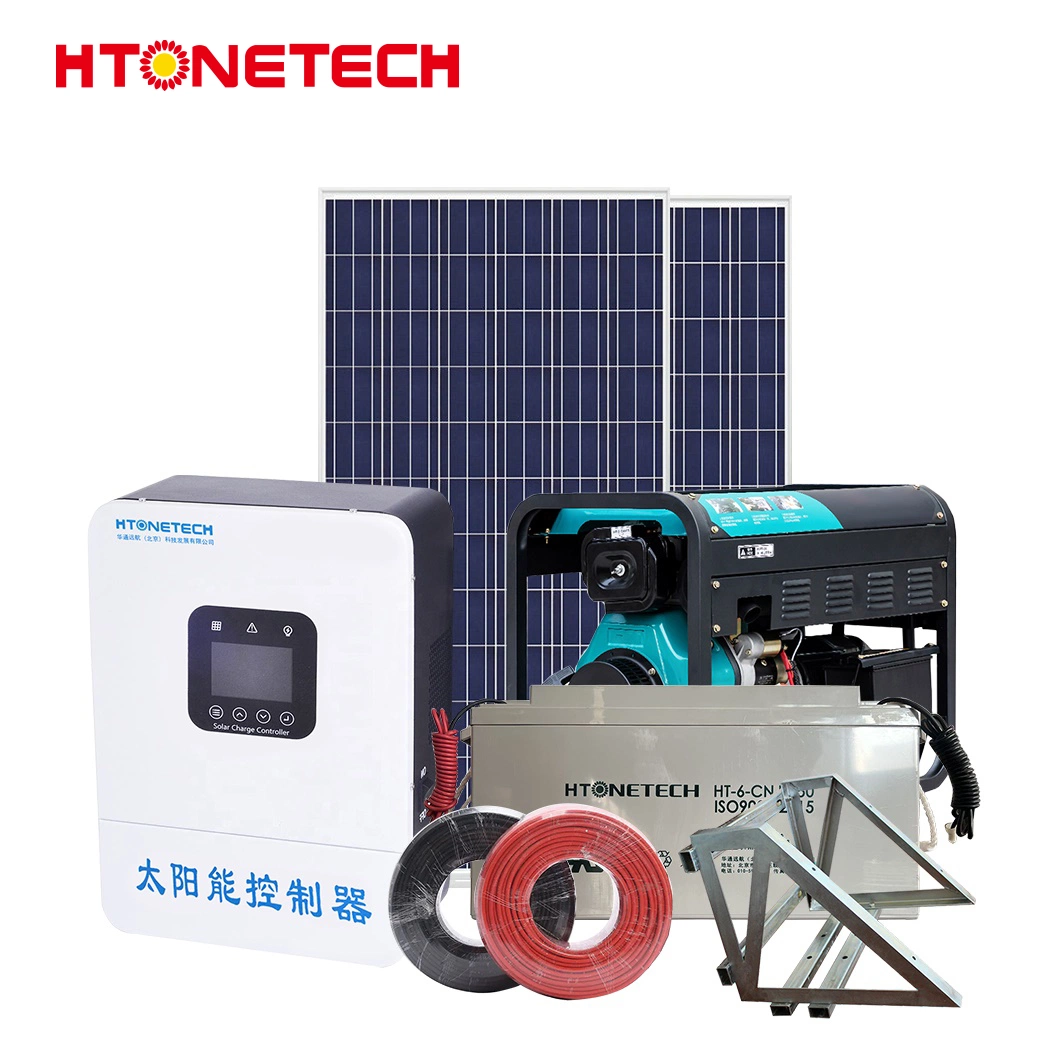 Htonetech 10kw-off-Grid-Solar-la fabricación del sistema China 5000W 45000W Mono Panel Solar 560mm x 900mm montado en el remolque Generador Diesel PV Sistema híbrido de pila de combustible