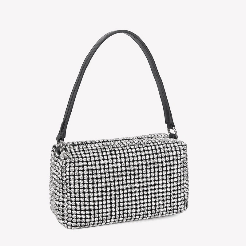 Luxus Bling Bling Glitzersteinchen Schultertasche mit Silber Farbe lang Schulterkette stilvolle Lady Teen Clutch Handtasche für Party Rshcy-8227