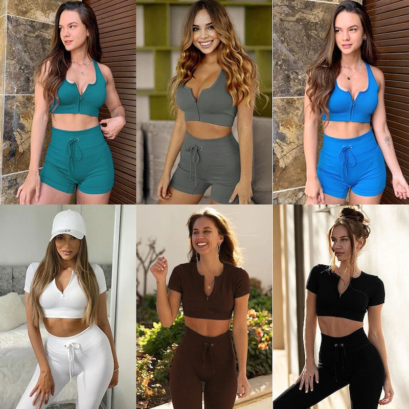 Hot Fashion Zip up Workout Outfits Cute Ribbed Sporty Clothes for Ladies, 2/3/4/5 PCS Gym Top + Drawstring Activewear Free Sample Plus Size Seamless Yoga Set