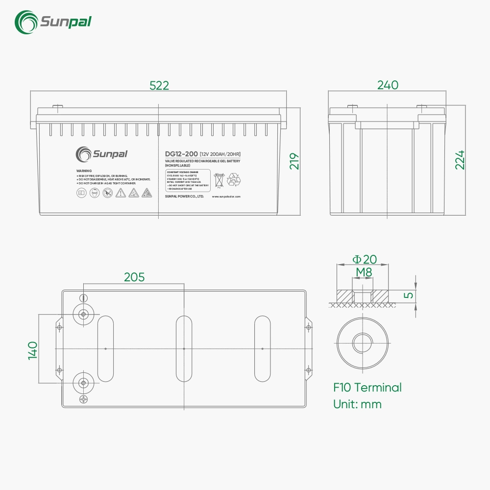 بطارية Sunpal Gel ذات 12 فولت 150 أمبير/الساعة 200 أمبير/الساعة من نوع البطاريات الحمضية لنظام الطاقة الشمسية بقدرة 10 كيلو واط