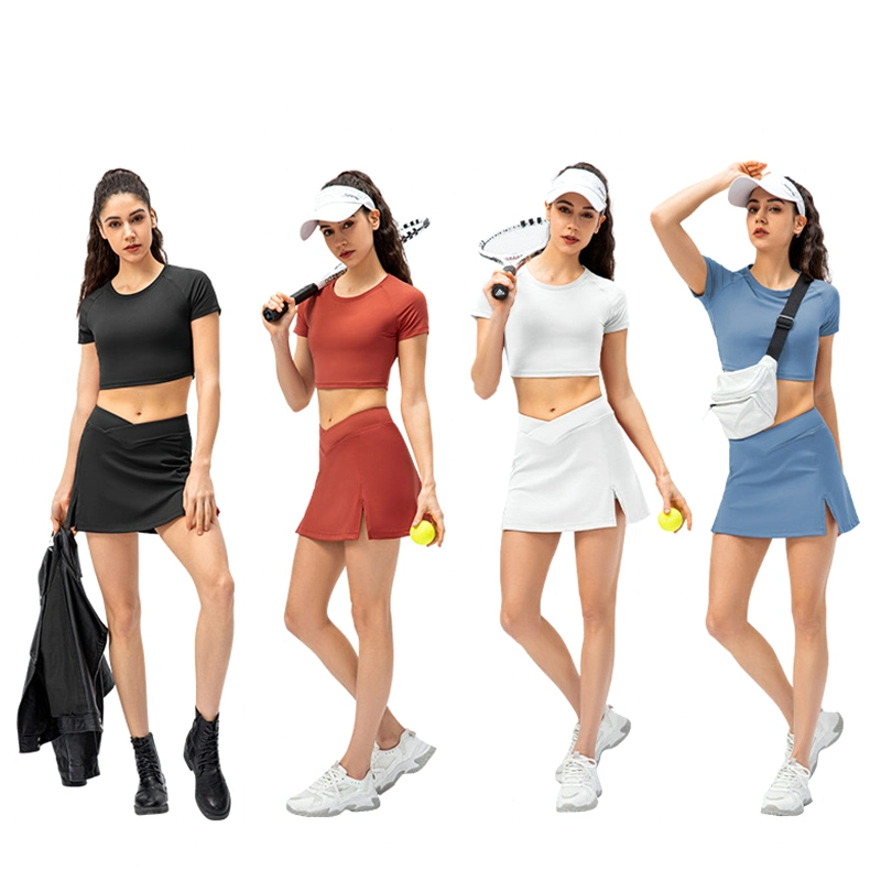 2PCS Cute Sexy Casual Summer Golf Tennis Skirt Set Running Clothing for Women, Short Sleeve Crop Top + Sports Skorts with Shorts Stylish Yoga Athletic Apparel