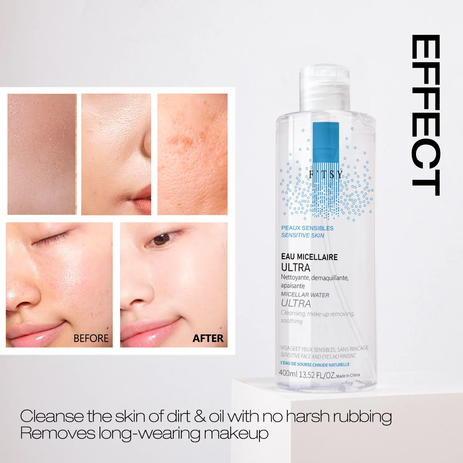 Etiquetas a medida Hidrating Moisturizing todo en 1 agua de limpieza micelar Limpia el removedor de maquillaje