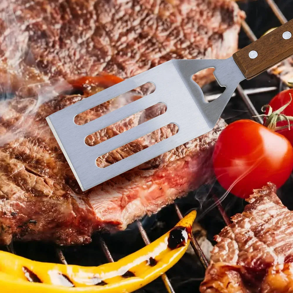 Commerce de gros de matériel en acier inoxydable de la poignée de bois Barbecue Barbecue de l'ustensile Tongs Outils Accueil Jeu de l'outil