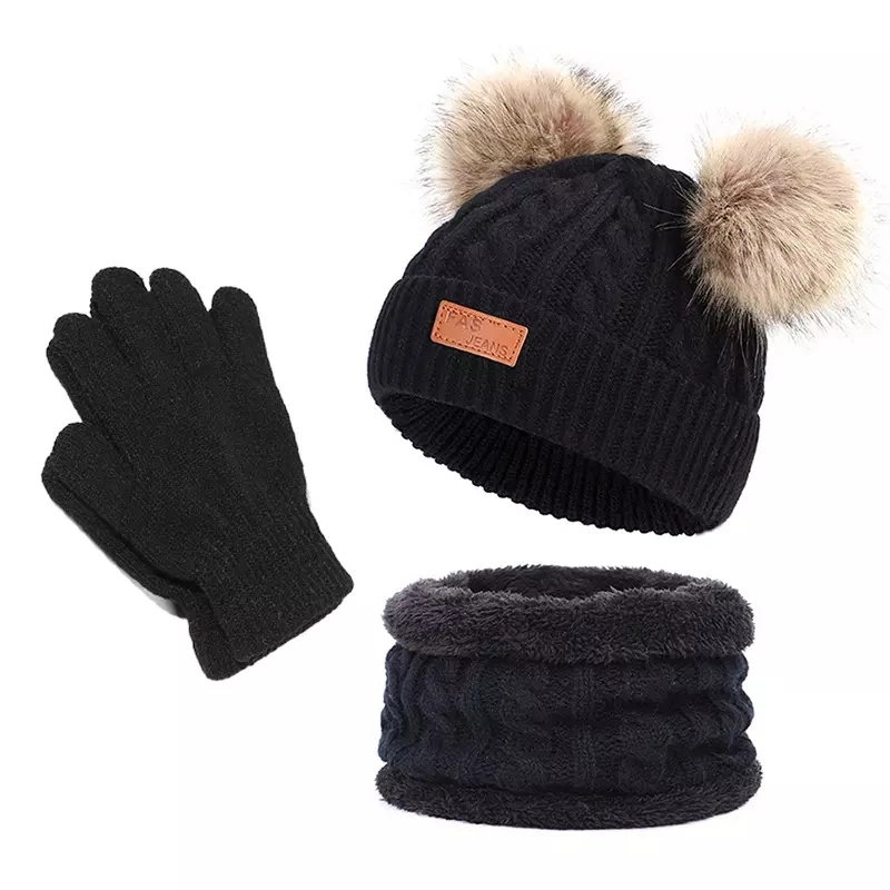 O bebé Hat define Faux Duplo macio quente de peles de Raccoon pompom party Knit Beanie Hat Toddler Kids chapéu de inverno em malha luva e Cachecol Definido