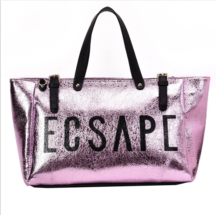 New Women's Metallic Laser PU Travel Bag Large-Capacity Letter Printing Slant Across Shoulder Tote Bag