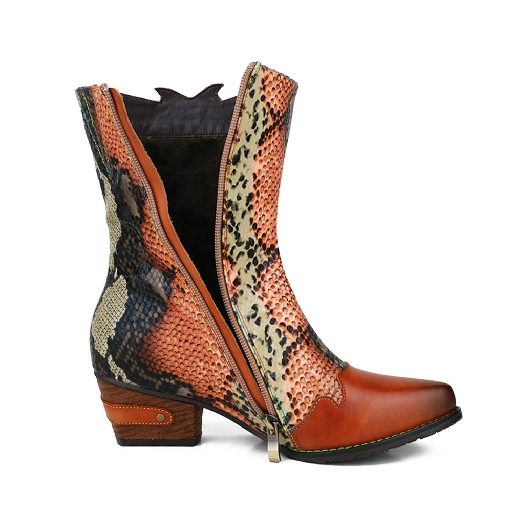 Lady&prime; S Vintage Laser Snake Pattern Booties Handpainted Leather Fashion Boots