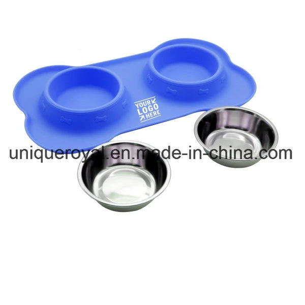 Double Pet Bowl Set in Bone Shape Antiskid Silicone Tray