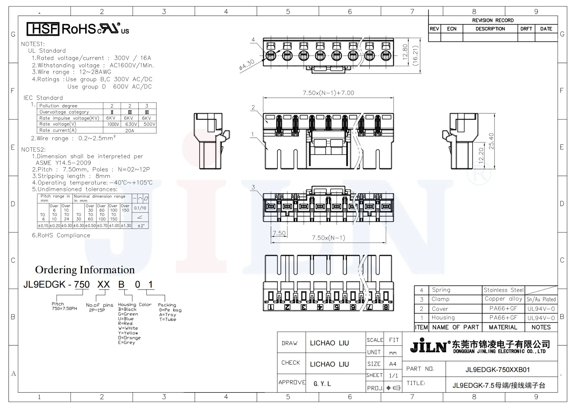 Fabricante China personalizados Jl9edgk-7.5 Conector del bloque de terminales enchufables