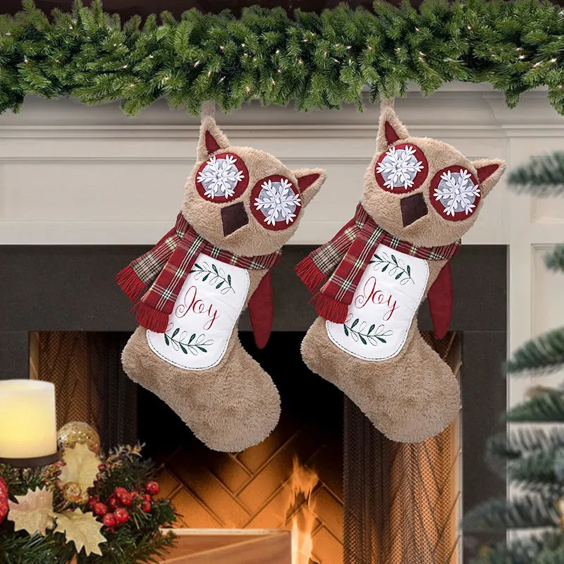 Plaid Cat Christmas Stocking Socks Xmas Pets Red White Candy Gift Bags