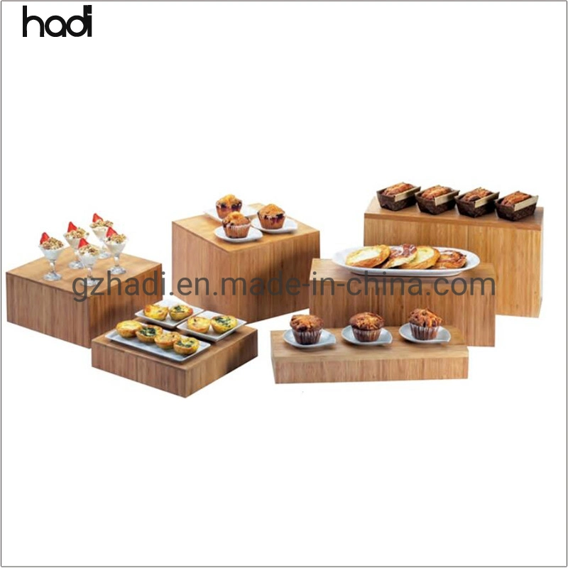 Buffet Equipment Hotel Rectangle High and Low Black Display Table Natural Oak Wooden Cake Elevation Wedding Buffet Riser Stand