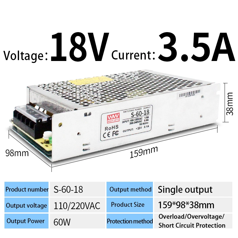 S-60-18 60W-18V-3.5A SMPS Single Output AC 220V to DC 5V 12V 24V 36V 48V DC Power Supply 60W DC LED Switching Power Supply