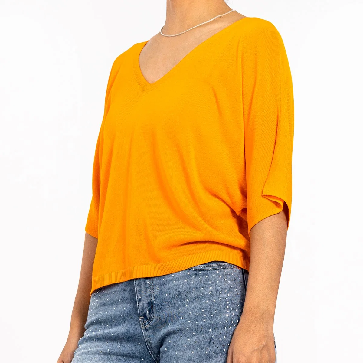 Summer Fashion Orange V-Neck Slim Lightweight Short Sleeve Sweater for Women