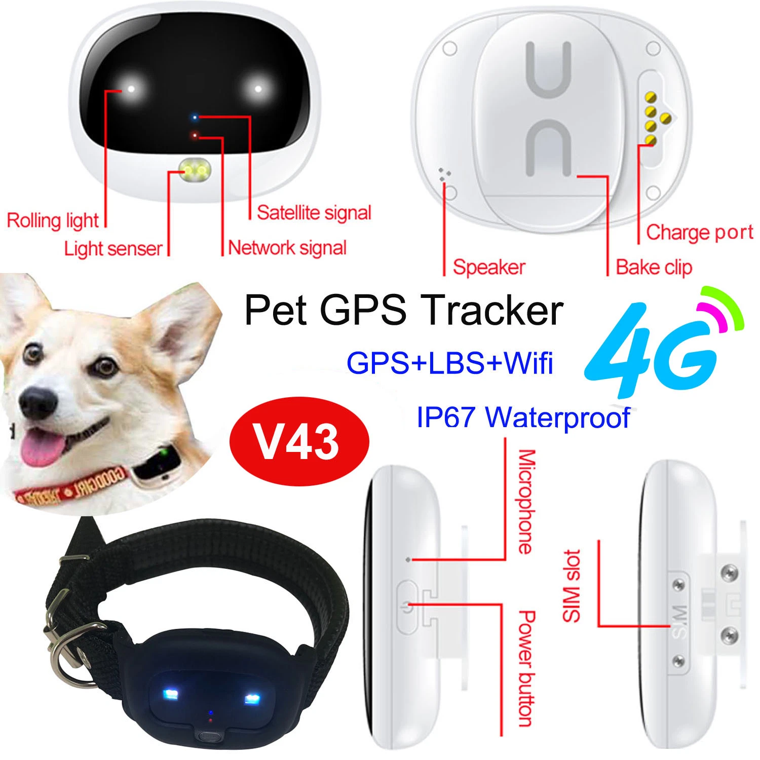 China factory Best Anti Lost Alarm Wholesale Rechargeable 4G Pet GPS Tracker Tracking Device with Waterproof IP67 V43