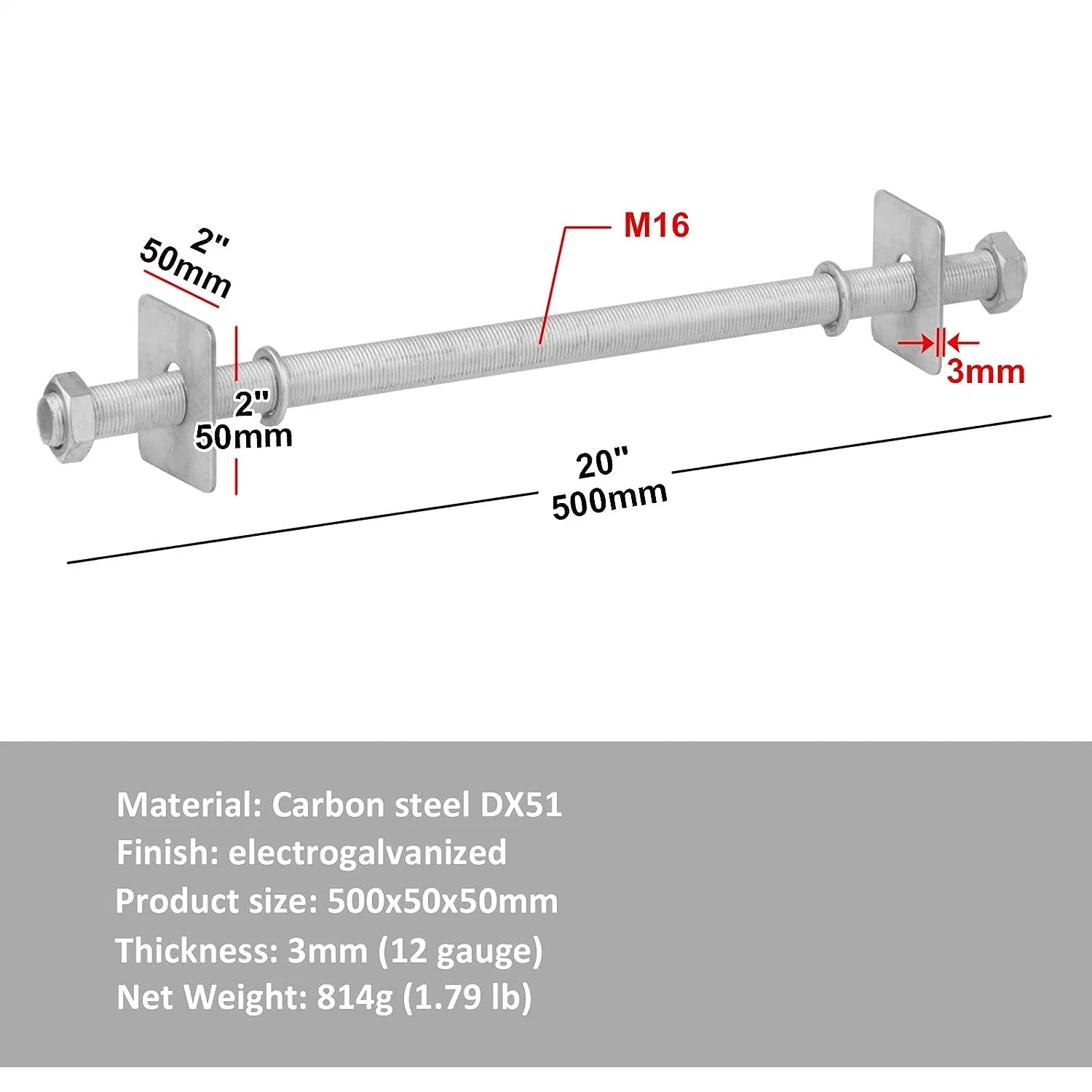 4 PCS Fully Threaded Screw Rods M16 Metric Threaded Rod with Hex Nuts Square Washers and Spring Washers for Wood