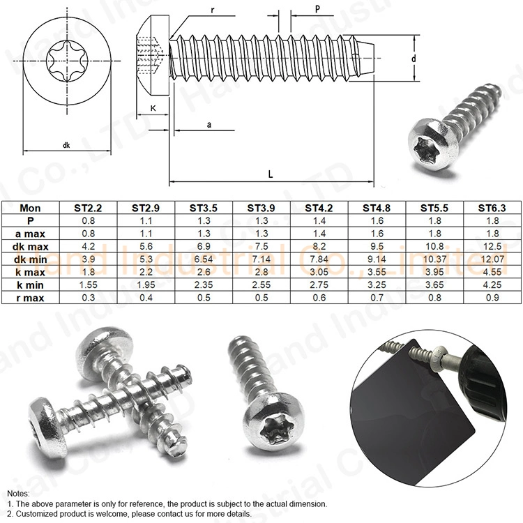 SS304 316 Pan Torx tornillo autorroscante de cabeza de tornillo de seguridad