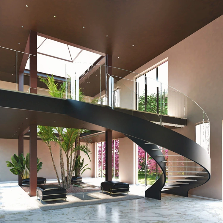 Glass Staircase Wood Step Glass Rails Curved Staircase with Stainless Steel Stringer and Glass Railing