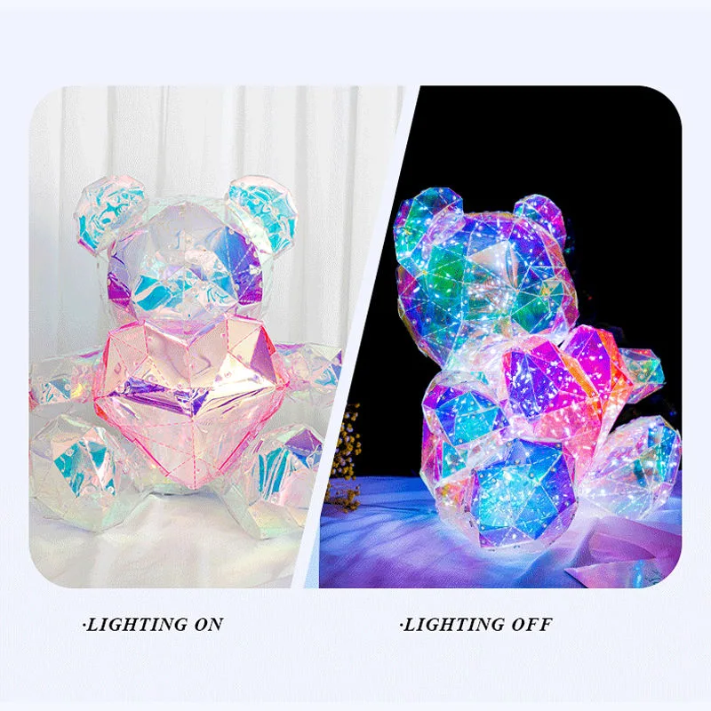 Valentines Day Gift LED Light with Red Pink Heart Bear Holographic PVC Foil Film Rainbow USB Charge 30cm Teddy Bear