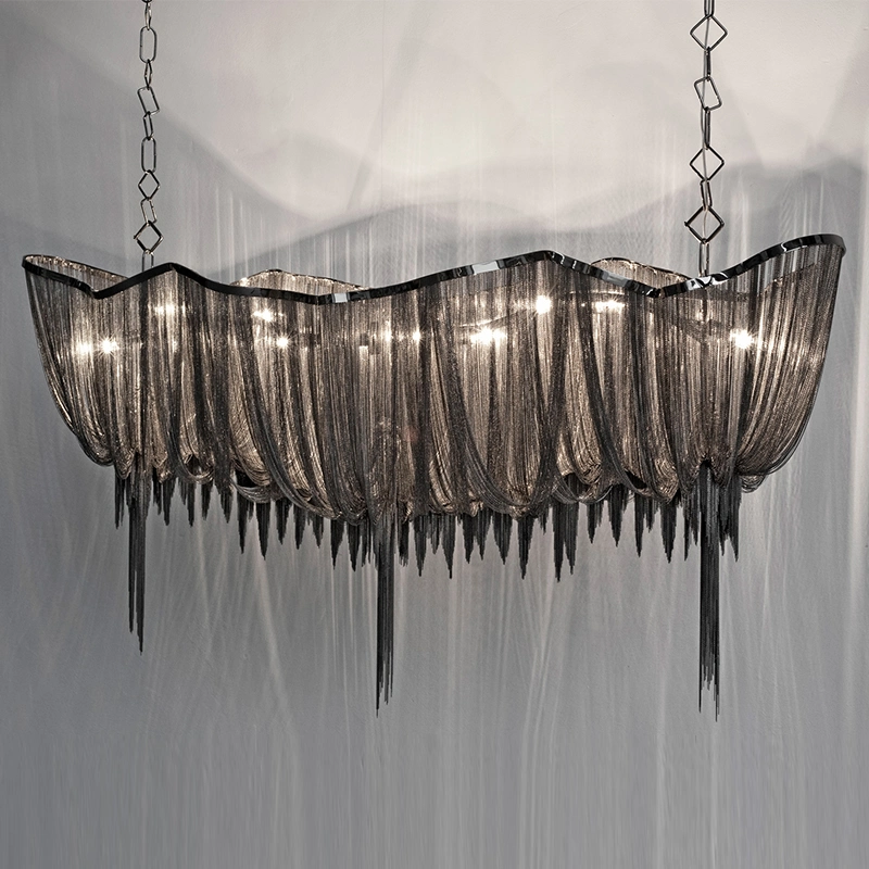 Modern Custom Sliver Black Aluminum Long Chain Chandelier for Decor Restaurant Lobby Home Hotel Indoor Pendant Light