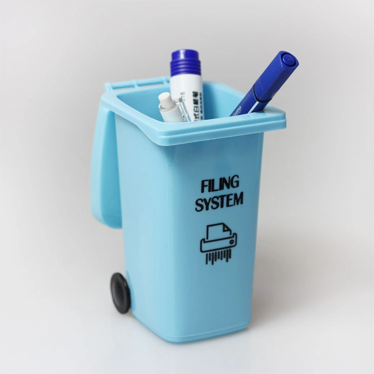 Logotipo personalizado Mini Papelera de reciclaje de basura puede Papelera de reciclaje de plástico bolígrafo lápiz Soporte con ruedas