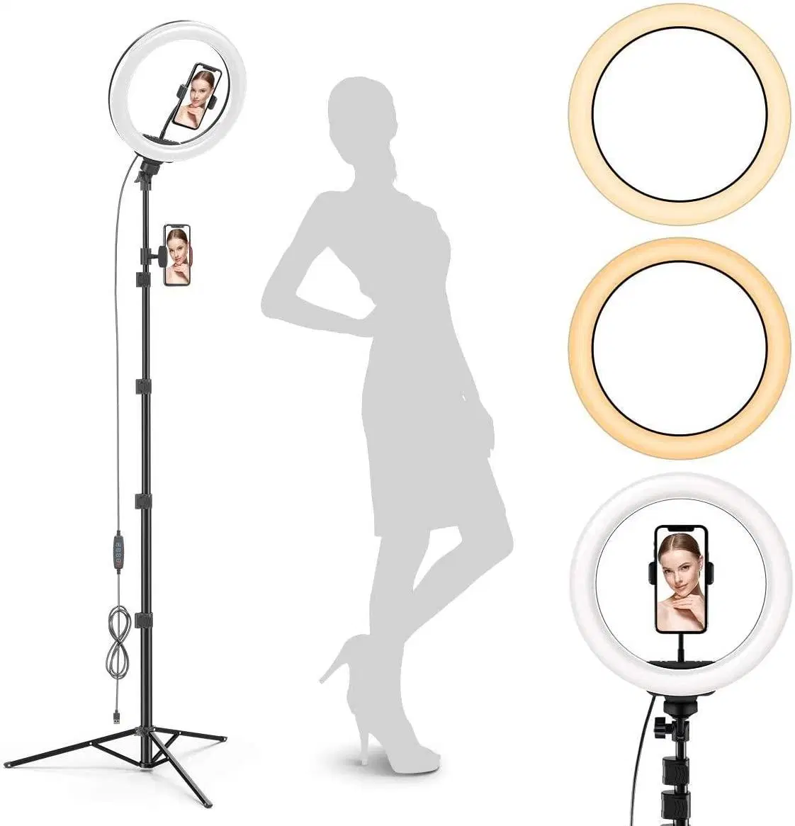 Selfie Tripod Stand with LED Lights, Dual Phone Holders, Adjustable Height and Lighting for Recording, Makeup & Photography