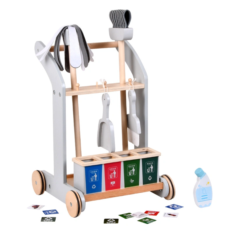 Pretend Wooden House Cleaning Tools Trolley for Kids