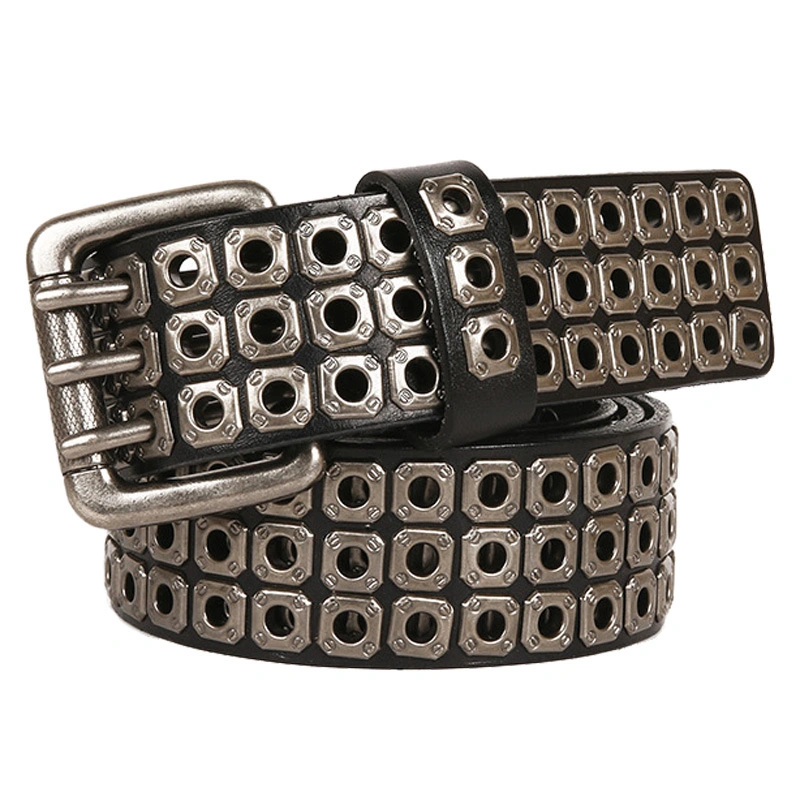 New Style Eyelet Hollow Rivet Nightclub de primera capa con cinturón de piel de vaca para hombre Mayorista/Proveedor Men's Three-PIN Buckle Rivet Belt para mujer