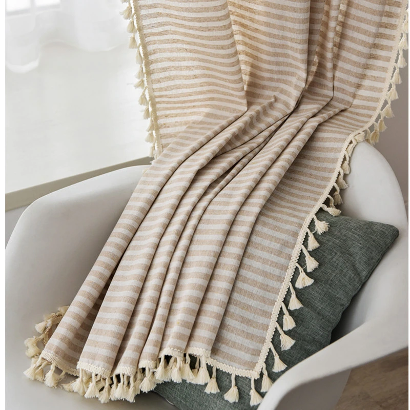 Cotton Linen Beige Stripe Tassel Curtain Country Style Window Hanging Blackout Curtains for Living Room Easy Drape for Window