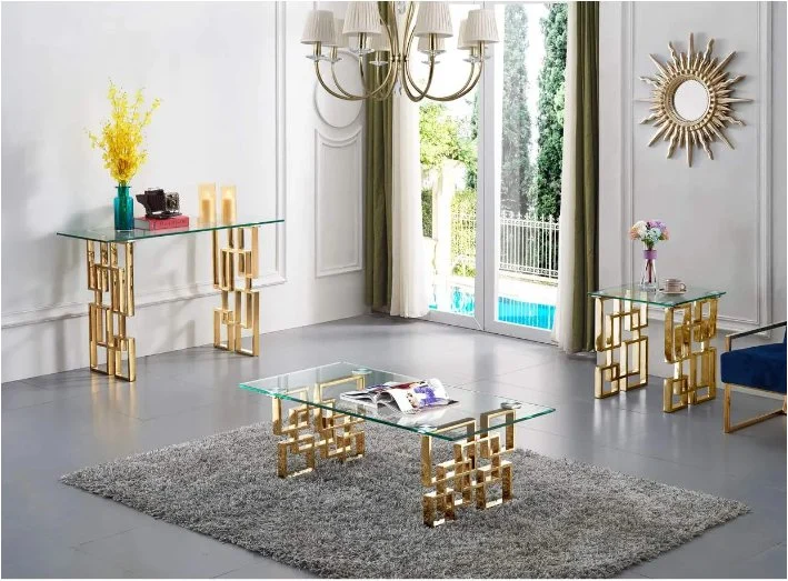 Rectangle Golden Legs Transparent Glass Coffee Table for Living Room Furniture