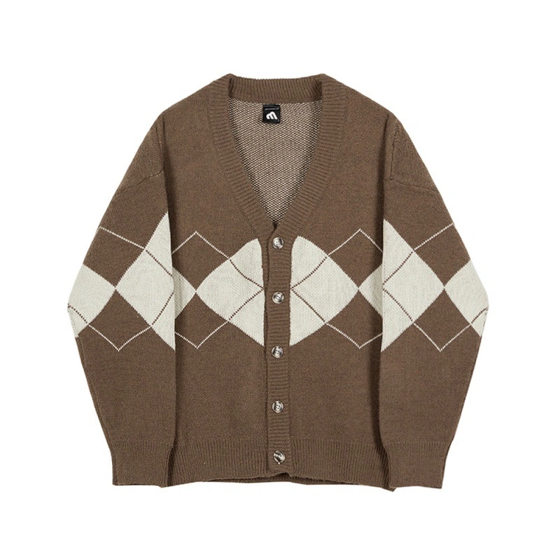 OEM Custom High quality/High cost performance  Jacquard Wool Men&prime; S Luxury Thickened Loose Knit Cardigan Plaid V Neck Sweaters/Coat