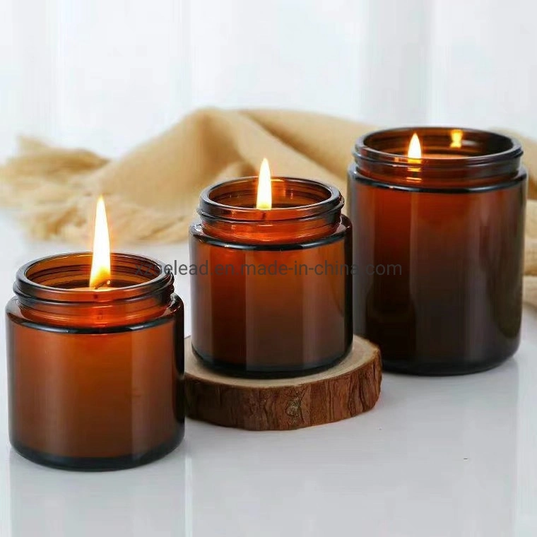 Empty 100ml 250ml 8oz Amber Round Glass Candle Jar Container with Metal Lid 9oz Candle Glass Jar