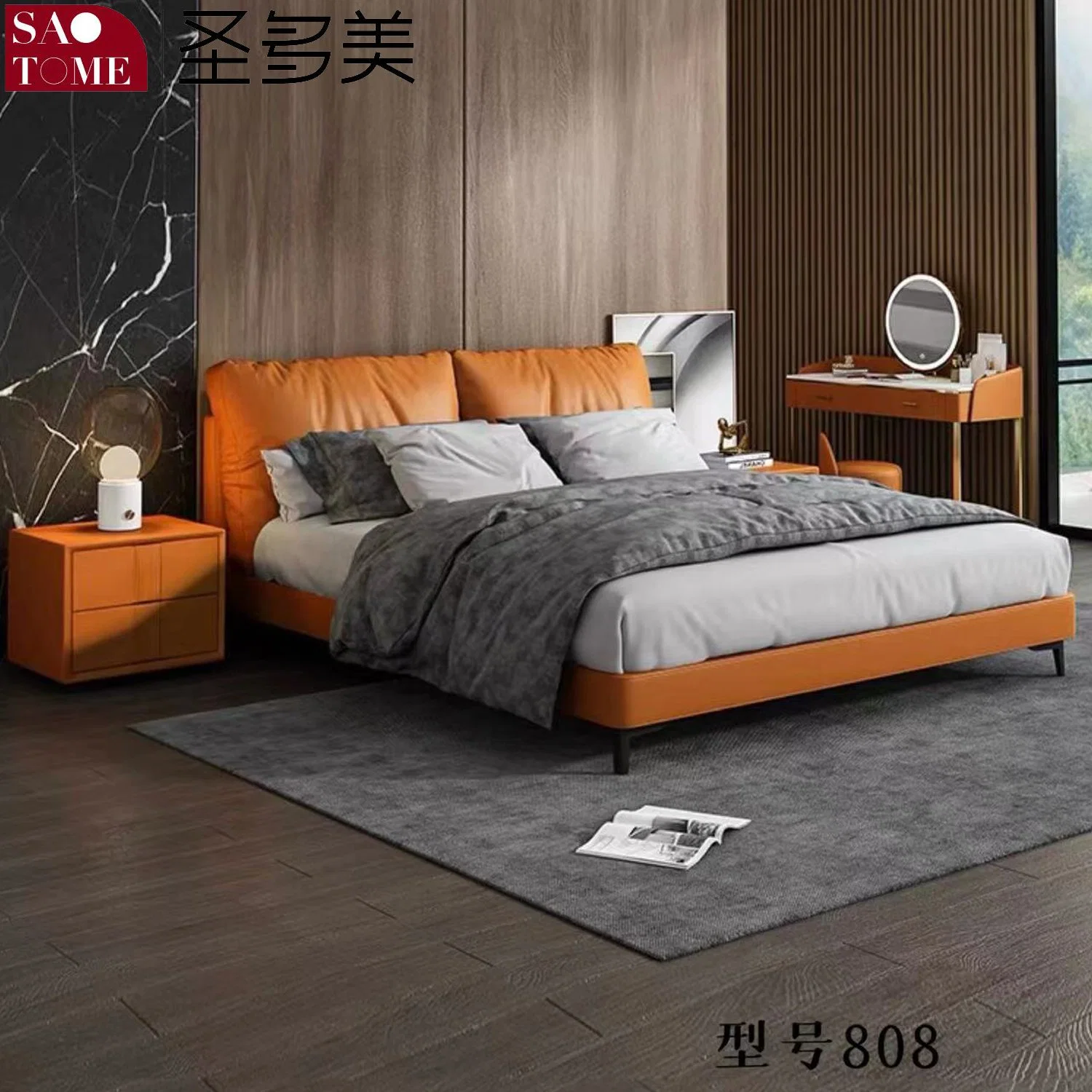 Solid Wood Furniture Bedroom Hotel Furniture Hermes Orange Leather Double King Bed