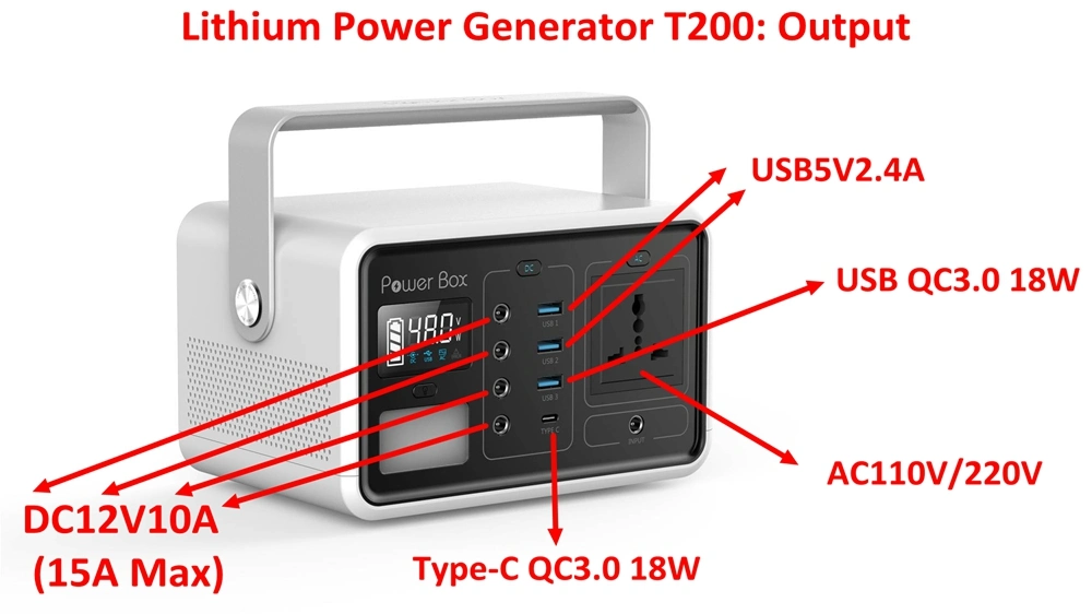 Portable 222wh Lithium Battery Solar Generator with AC/DC/QC3.0/Type C USB Ports