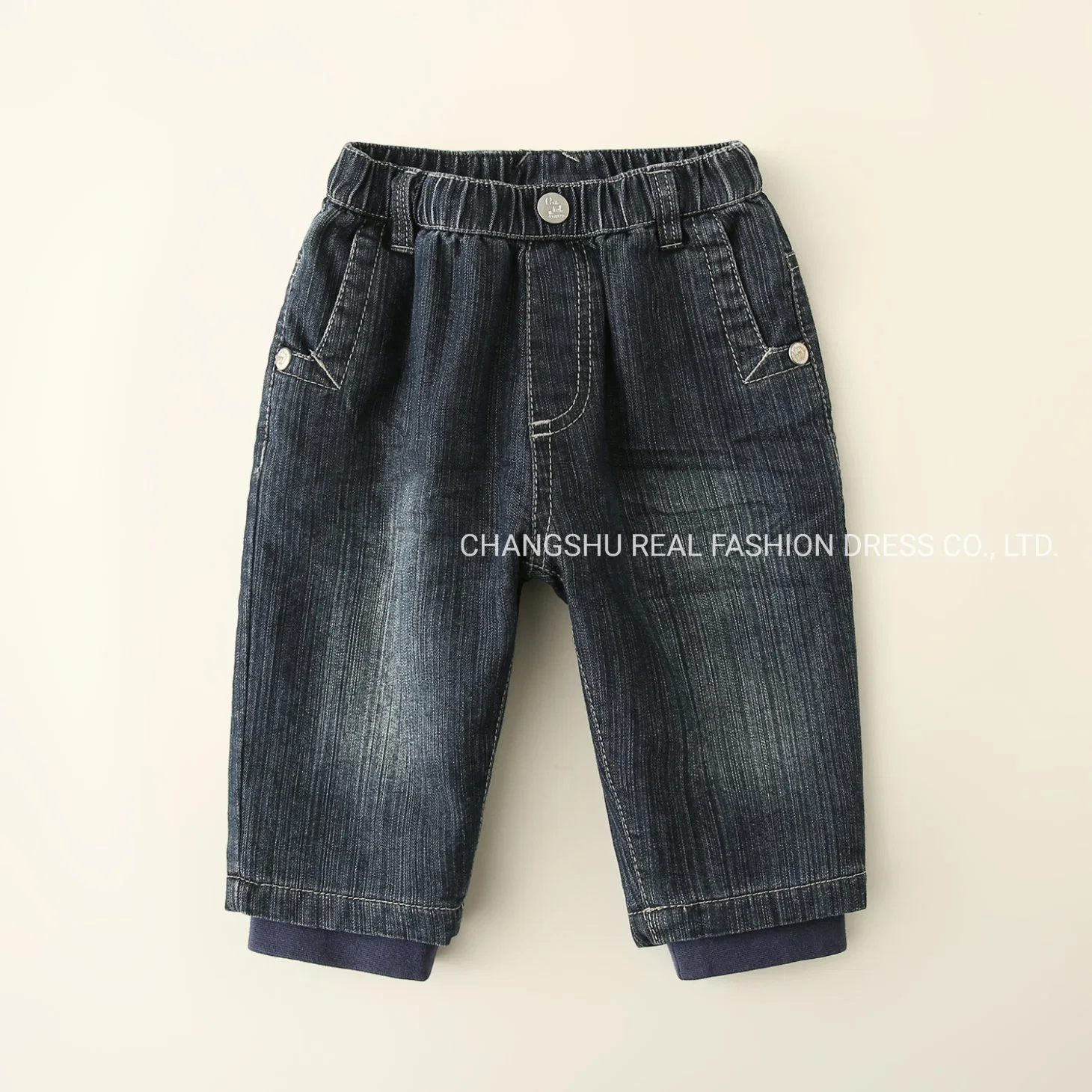 Boy hijos Denim pantalón de color de ropa de cintura elástica y broche de metal en el bolsillo y la costilla de Hem