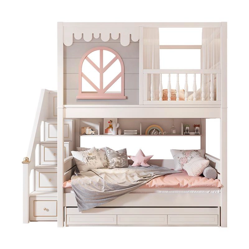 Modern Children Loft Bunk Bed Wood Combined Bunk Bed for Girls with Cabinet Storage Kids Bedroom Furniture Bunk Bed Slide