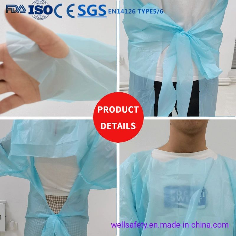 AAMI Level 2 CPE Disposable Gown with Long Sleeves 55g Washable Blue Plastic Aprons for Hospitals Waterproof CPE Surgical Gown En14126