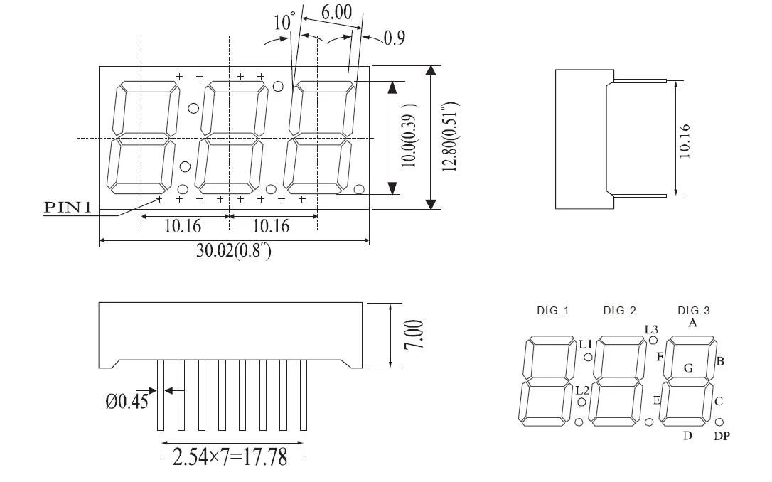 0,39 pulgadas de 7 segmentos de 3 dígitos del reloj LED display