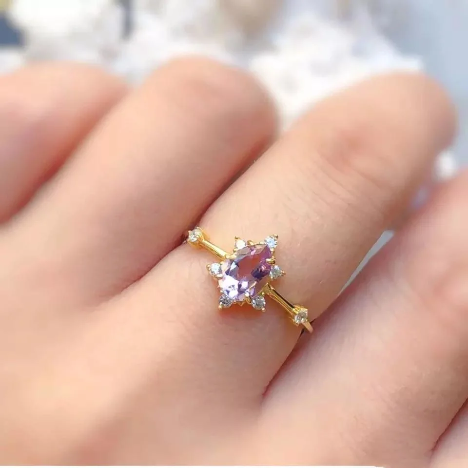 Peishang Brand Sterling Silver 925 Gold Plated Purple Crystal Ring Natural Stone Amethyst Rings Jewelry