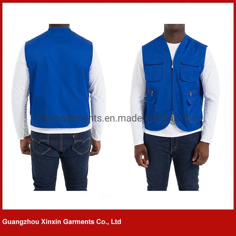 OEM Highest Quality Men Blue Working Vest Sleeveless Jacket with Multi Pocket (V79)