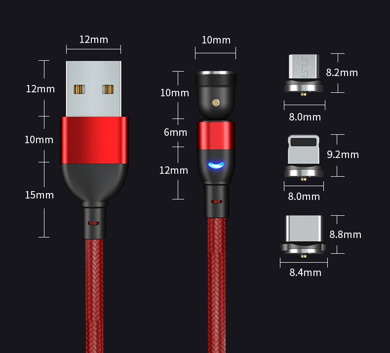 Voyant LED de charge à 540 degrés, noir, rouge violet, rotation magnétique Câble 3 en 1