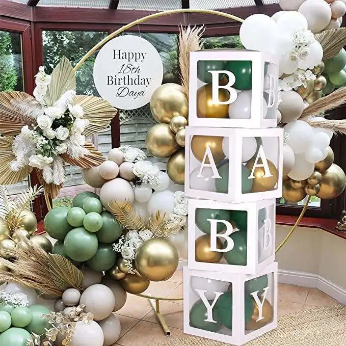 Full Alphabet Transparent Baby Balloon Box with White Green Balloon Gold Chrome balloon for Baby Shower Gender Reveal Party Decor