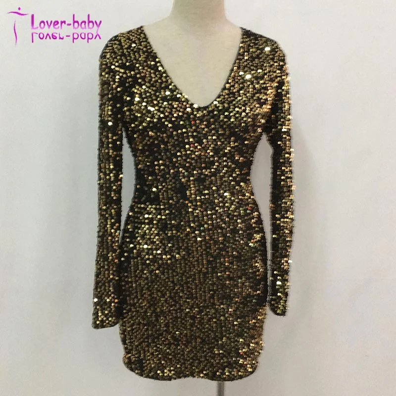 New Ladies' Fashion Elegant Gold Sequins Long Sleeves Dress