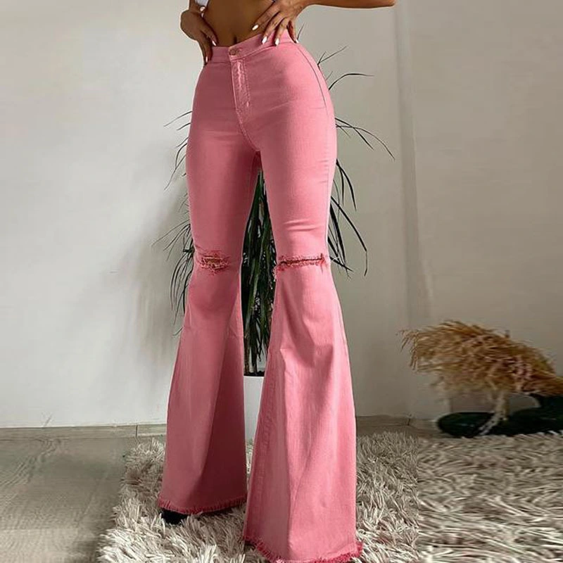 La personalidad de las mujeres tramo personalizado de alta carga de pantalones vaqueros Slim borde crudo Ripped Jeans pantalones